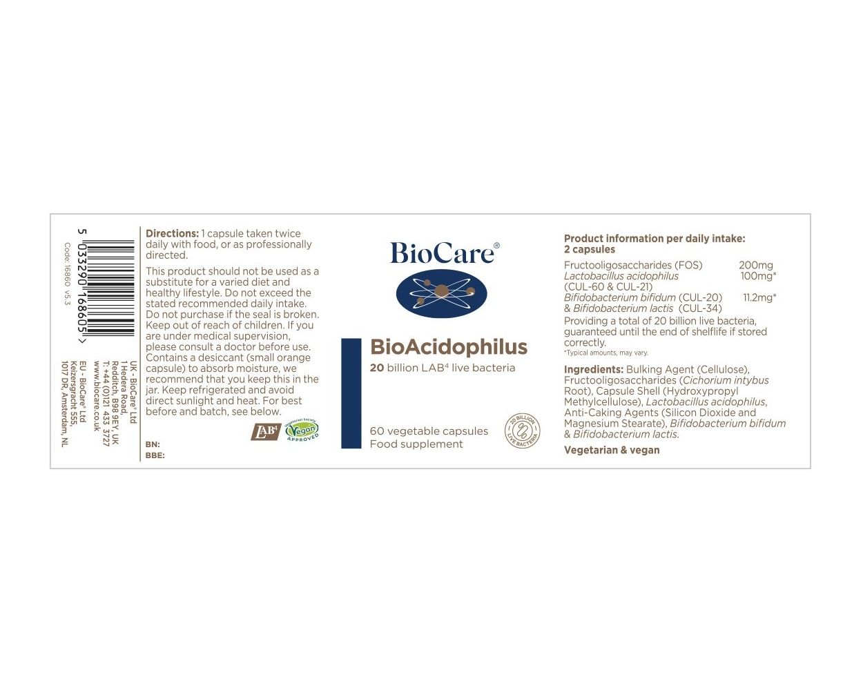 BioCare Bio-Acidophilus 20 Billion Probiotic (60 Capsules) - Image 2